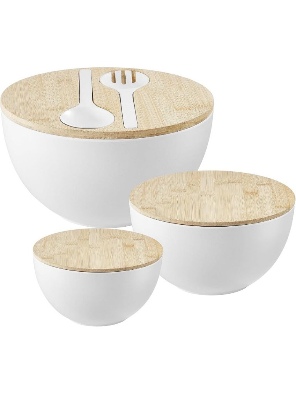 Set of 3 Large Nesting Salad Bowls with Bamboo Lids - Perfect for Serving